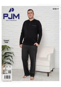Resim Pijamoni Erkek Battal Düğme Yaka Penye Uzun Kol Pijama Takımı 6720/17 - 1 Adet Siyah 