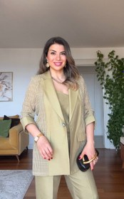Resim KETEN DOKULU DETAYLI BLAZER TAKIM - AÇIK YEŞİL - 38 