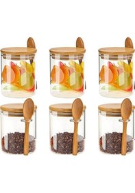 Resim Morponi Borosilikat Cam Bambu Kapaklı Ve Bambu Kaşıklı Baharat Seti 6 Adet 450ml ŞEffaf 