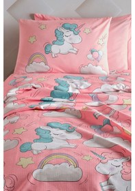 Resim Enlora Home Doğal Pike Baskılı Tek Kişilik Unicornio Pembe 