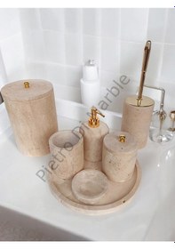 Resim Sarı Traverten Klasik Model 7 Parça Gold Renk Düğme Aksesuarlı Banyo Seti Sarı Traverten 