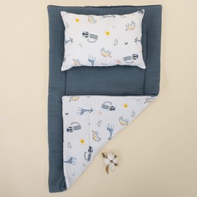 Resim Alt Açma Matı ve Yastık - Çift Taraflı - Koyu Mavi Petek - Mavi Canlılar 