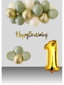 Resim 1 Yaş Retro Krom Gold Küf Yeşili Kum Beji Balon Happy Birthday Banner Gold Rakam Doğum Günü Süsleme Çok Renkli 