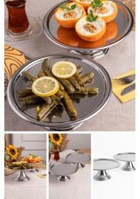 Resim 2'li Gümüş Yuvarlak, Ayaklı Şık Kek, Pasta, Kurabiye Ve Tatlı Servis Sunum Standı Gümüş 