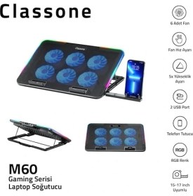 Resim CetKing Gaming M60 Laptop Soğutucu, Notebook Stand,10 Rgb Işık Kontrolü, 15.6-17 Inch, Hız Kontrolü, 6 Büyük Fan,telefon Standı, 2 USB 