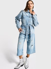 Resim it's basic Kadın Ice 12s6-32 Oversize Kemer Detaylı Yırtık %100 Koton Denim Ceket 