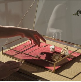 Resim Kadife Tabanlı Cam Kutu Takı, Aksesuar, Sunum Kutusu Pirinç 