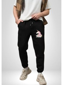 Resim Angemiel Unicorn Çiçek Pamuklu 3 İplik Siyah Eşofman Altı Erkek Oversize Kesim Dijital Baskılı Siyah 