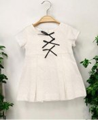 Resim Kız Bebek Kendinden Desenli Dokuma Kumaş Fiyonklu Elbise-15684 Ekru 