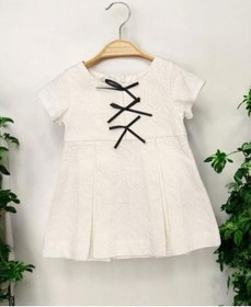 Resim Kız Bebek Kendinden Desenli Dokuma Kumaş Fiyonklu Elbise-15684 Ekru 