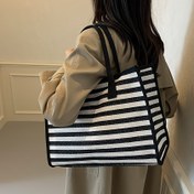 Resim Kadınlar için Siyah & Beyaz Çizgili Tote Çanta - Büyük Kapasiteli Dayanıklı Polyester Omuz Çantası Fermuarlı Kapatma, İş, Seyahat ve Günlük Kullanım İçin Şık El Çantası, Seyahat Çantası, Klasik Tasarım, Takviyeli Dikişler, Moda Aksesuar 