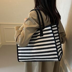 Resim Kadınlar için Siyah & Beyaz Çizgili Tote Çanta - Büyük Kapasiteli Dayanıklı Polyester Omuz Çantası Fermuarlı Kapatma, İş, Seyahat ve Günlük Kullanım İçin Şık El Çantası, Seyahat Çantası, Klasik Tasarım, Takviyeli Dikişler, Moda Aksesuar 