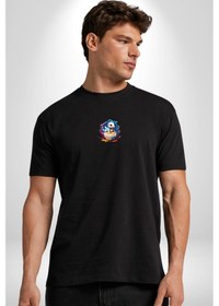 Resim Sevimli Bebek Ejderha Elmas Yumurta Siyah Oversize Unisex Ön Orta Minimal Baskılı Tişört Siyah 