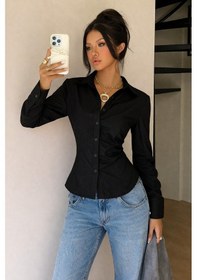 Resim Kadın Premium Gömlek Slim Fit Uzun Kollu Şık Ofis Günlük Kombin Basic Klasik Gömlek Siyah 