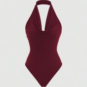 Resim Kadın Y2K Tarzı Düz Renk Halter Boyunlu Bodysuit - Omuzdan, Sırtı Açık, Esnek Polyester, Makinede Yıkanabilir, Burguncu, Tüm Mevsim Giyim 
