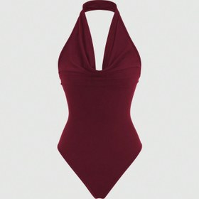 Resim Kadın Y2K Tarzı Düz Renk Halter Boyunlu Bodysuit - Omuzdan, Sırtı Açık, Esnek Polyester, Makinede Yıkanabilir, Burguncu, Tüm Mevsim Giyim 