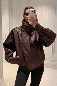 Resim MANMARK Viral Oversize Kadın Deri Ceket Yüksek Yaka Bordo Urban Style Kadın Deri Ceket 