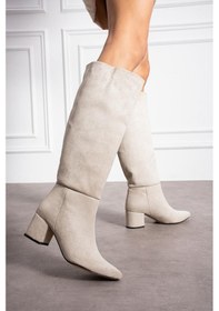 Resim Shoetek Lollr Kadın Çizme Kalın Topuklu Bej Süet Bej Süet 