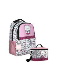 Resim Cennec Sevimli Kediler Desenli Kız Çocuk Pembe Beyaz İkili Çanta Ve Beslenme Seti - Setumt5012b Beyaz - Pembe 