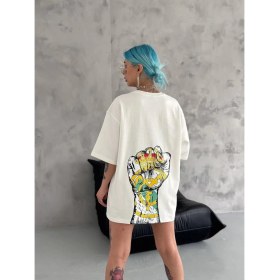 Resim Beruflic Bisiklet Yaka Baskılı Oversize T-Shirt - Beyaz 