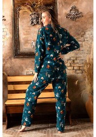 Resim Nisanca Kışlık Yılbaşı Desenli Kadın Gömlek Polar Pijama Takımı- Geyikli Yılbaşı Pijaması Yesil 