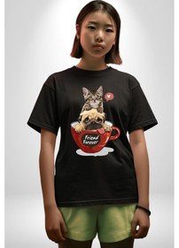 Resim Kedi Ve Köpek Sonsuzadek Arkadaşız Pamuklu Bisiklet Yaka Unisex Oversize Boyfriend Dijital Baskılı Siyah T-shirt Siyah 