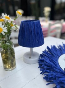 Resim Rafya & Hasır Masa Üstü Led Kablosuz Pilli Abajur Alt Beyaz- Üst Mavi Saçaksız 