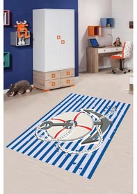 Resim Dijital Baskılı Mavi Can Simidi Desenli Dekoratif Yıkanabilir Kaymaz Taban Çocuk Halısı Çok Renkli 