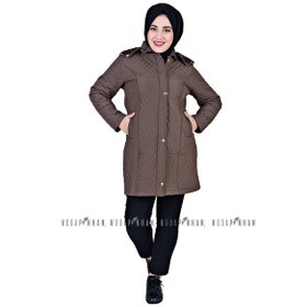 Resim Moda Çizgi Kapüşonlu Kapitone Tesettür Mont Kahverengi 