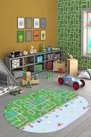 Resim Dijital Kaymaz Yıkanabilir Şehir Trafik Temalı Oval Çocuk Odası Oyun Halısı O-ÇOCUK-19, Yeşil, 60 x 150 
