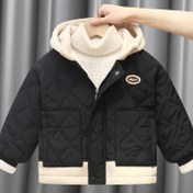 Resim Kız ve Erkek Çocuk Kış Montu - Geometrik Desenli V-Yaka Asimetrik Etek Ceketi, Tek Düğme Kapatma, Soğuk Hava İçin Polyester Dolgu, Gevşek Uygun Klasik ve Resmi Giyim, Mevsimsel Katman Parçası, V-Yaka Tasarımı, Kolay Bakım Malzemesi 