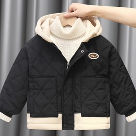 Resim Kız ve Erkek Çocuk Kış Montu - Geometrik Desenli V-Yaka Asimetrik Etek Ceketi, Tek Düğme Kapatma, Soğuk Hava İçin Polyester Dolgu, Gevşek Uygun Klasik ve Resmi Giyim, Mevsimsel Katman Parçası, V-Yaka Tasarımı, Kolay Bakım Malzemesi 