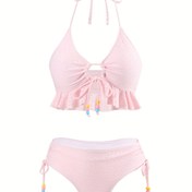 Resim Yeni Avrupa ve Amerikan Uçlu Dantel Bağlı Bikini Seksi Yumuşak Çanta Bikini Kadın Mayo 