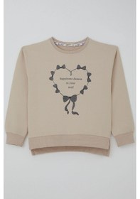 Resim Breeze Kız Çocuk Sweatshirt Simli Kurdeleli Kalp Baskılı 9-14 Yaş, Bej Bej 