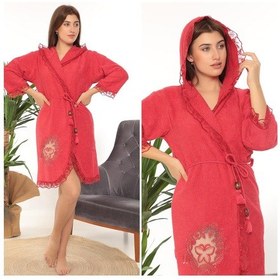 Resim Kelebek Gelin Bornoz Seti 5 Parça Dantelli Çeyiz Bayan Bornoz Set Kırmızı 