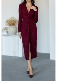 Resim Dip Moda Kadın Büzgü Detaylı Simli Gece Elbisesi Dpnbmy3633 Bordo 