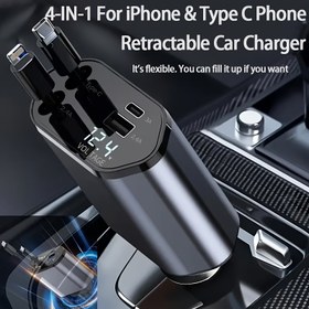 Resim 4-in-1 Geri Çekilebilir Araba Şarj Cihazı, 66W Hızlı Şarj, 2 USB Bağlantı Noktası, 180° Ayarlanabilir Taban, Dahili Type-C/IOS Geri Çekilebilir Kablo, 80cm, iPhone 16/15/14/13 Plus/Pro/Pro Max/Android Telefonlar, Samsung, Galaxy S23/22, Pixel ve Diğer S23/Tablet 