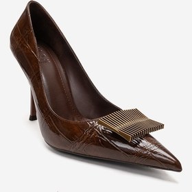 Resim Luvishoes Dexen Kahverengi Baskı Metal Tokalı Kadın İnce Topuklu Ayakkabı 