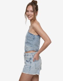 Resim Rahat Kalıp Taş Detaylı Pamuklu Fermuarlı Askılı Asimetrik Denim Bluz 