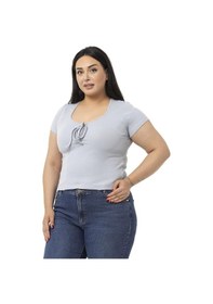 Resim Disentis Büyük Beden Yarım Kollu Göğüste Bağcık Detaylı Kaşkorse Gri Body-gri Gri 