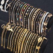 Resim Rastgele 10/17/22 parça retro basit taşlı kelebek oyma kalp şekli balık kuyruğu taklit kabuk pirinç boncuklu Küba zincir beş köşeli yıldız yaprak zinciri kadın moda bileklik büyük set 