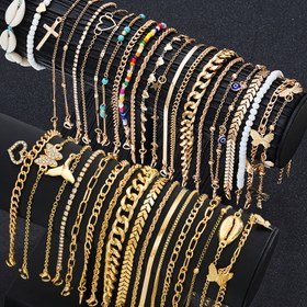 Resim Rastgele 10/17/22 parça retro basit taşlı kelebek oyma kalp şekli balık kuyruğu taklit kabuk pirinç boncuklu Küba zincir beş köşeli yıldız yaprak zinciri kadın moda bileklik büyük set 