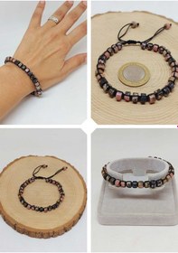Resim Rodonit Taşı Rondela Kesim Makrome Tasarım Unisex Bileklik 49346 Çok Renkli 
