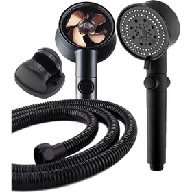 Resim Pazariz Turbo Pervaneli 5 Fonksiyonlu Siyah Duş Başlığı Duş Hortumu 150 cm ve Mafsal Set 