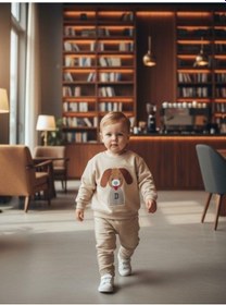 Resim Zekids Erkek Bebek Köpek Desenli Sweatshirt-16298 Krem 