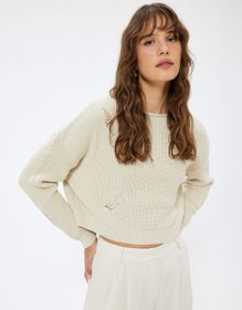 Resim Yıpratılmış Detaylı Örgü Kazak Kayık Yaka Uzun Kollu 