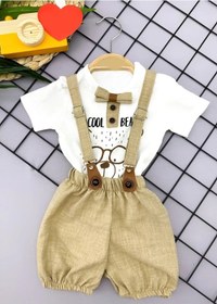 Resim 9-12-18-24 Ay Papyon Detaylı Keten Şort Salopet Tişörtlü 2li Erkek Bebek Takımı Çok Renkli 