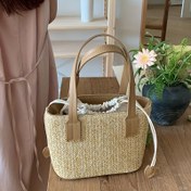Resim Kadınlar için Kore tarzı yazlık dokuma hasır çanta, rahat tatil el çantası, ayarlanabilir askılı, çekmece kapanışı ile düz renkli, polyester astarlı 