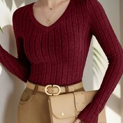 Resim Kadınların Şık Çizgili Uzun Kollu V Yaka Tişörtü - Örgü, Düz Renk, İlkbahar/Sonbahar Modası için Normal Beden, Kadın Tişörtleri 