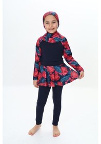 Resim My Kids Wear Üç Parça Kız Çocuk Haşema, Tesettür, Etekli, Kapalı Mayo Kırmızı - Lacivert 